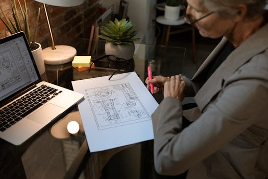Senior woman analyzing architectural plans with laptop in modern workspace.